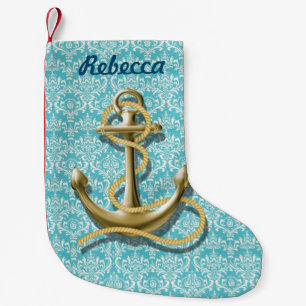 nautische beachy turquoise damask gold anchor kleine kerstsok