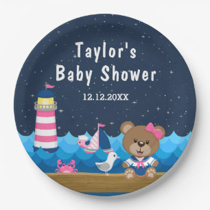 Nautische Beer Meisje Roze en Marine Blauw Baby Sh Papieren Bordje
