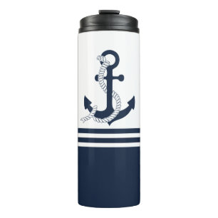 Nautische blauwe ankers met blauwe en witte strepe thermosbeker