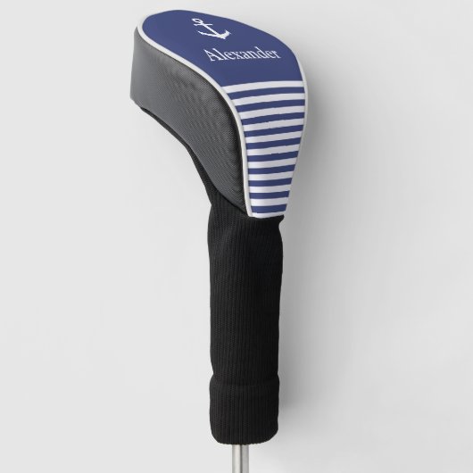 Nautische Blauwe en Witte Strepen Anker Naam Golfheadcover (Schuin)