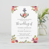 Nautische Bloemen Anker Marine Blue Stripes Weddin Kaart (Staand voorkant)