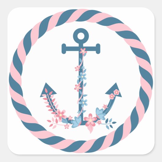 Nautische Bloemen Anker Roze & Navy Bloemen & Touw Vierkante Sticker (Voorkant)