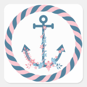 Nautische Bloemen Anker Roze & Navy Bloemen & Touw Vierkante Sticker