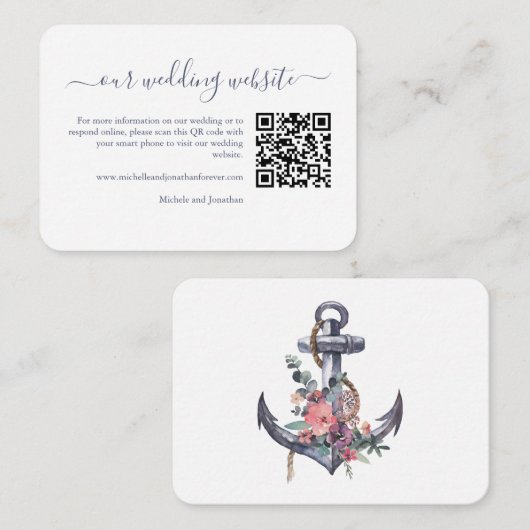 Nautische Bloemen Anker RSVP Details QR Code Informatiekaartje (Voorkant / Achterkant)