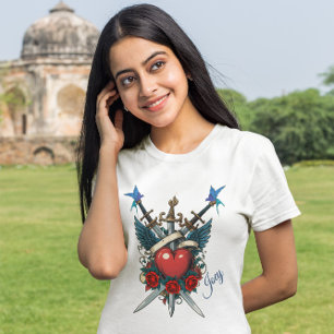 Nautische Bloemen Rood Hart Blauw T-shirt