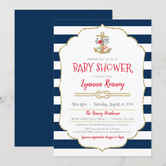 Nautische Bloemenanker Navy Blauw Rood Baby shower Kaart