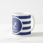 Nautische Boot Anker Blauw en Wit Strepen Naam Koffiemok (Voorkant rechts)