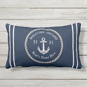 Nautische Boot Naam Anker Touw Marine Blauw Welkom Buitenkussen