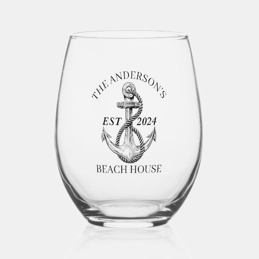 Nautische boot strand huis anker familienaam est wijnglas zonder voet (Voorkant)