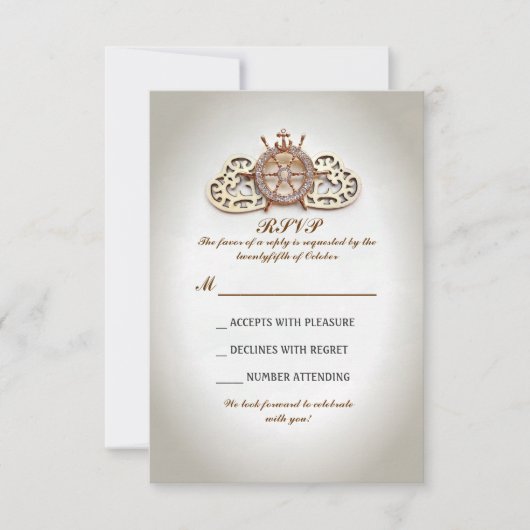 nautische boot wiel en liefde harten bruiloft RSVP (Voorkant)