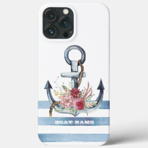 Nautische bootnaam, anker bloemen strepen iPhone 13 pro max hoesje