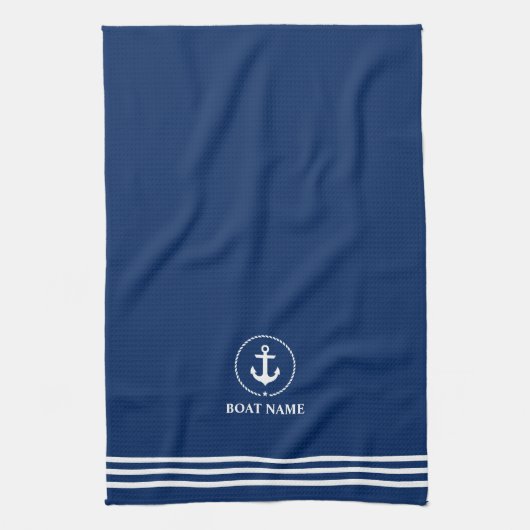 Nautische Bootnaam Anker Touw Blauw Gestreept Theedoek (Verticaal)
