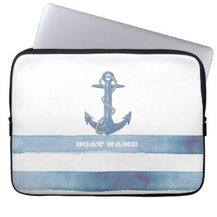 Nautische bootnaam, Anker, Touw, Lichtblauwe strep Laptop Sleeve