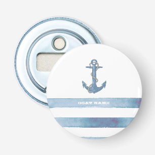 Nautische bootnaam,anker,touw,lichte blauwe strepe button flesopener