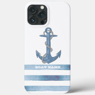 Nautische bootnaam,anker,touw,lichte blauwe strepe iPhone 13 pro max hoesje