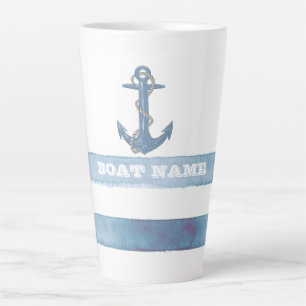 Nautische bootnaam,anker,touw,lichte blauwe strepe latte mok