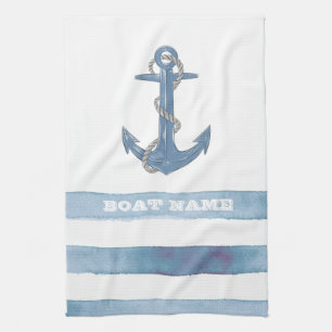 Nautische bootnaam,anker,touw,lichte blauwe strepe theedoek