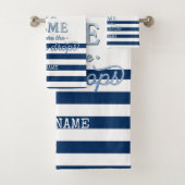 Nautische Bootnaam, Anker Zee Navy Blauw Gestreept Bad Handdoek (Insitu)