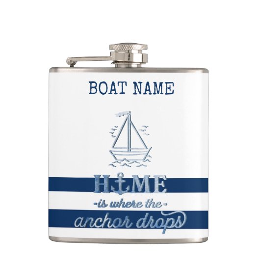 Nautische Bootnaam, Anker Zee Navy Blauw Gestreept Heupfles (Voorkant)