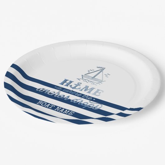 Nautische Bootnaam, Anker Zee Navy Blauw Gestreept Papieren Bordje (Gekanteld)