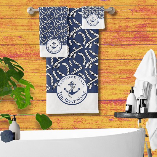 Nautische Bootnaam Marine Blauw Wit Anker n Touw Bad Handdoek