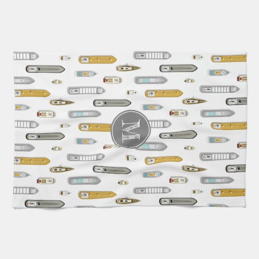 Nautische boten schepen Op de rivier wit w monogra Theedoek (Horizontaal)