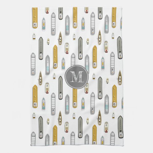 Nautische boten schepen Op de rivier wit w monogra Theedoek (Verticaal)