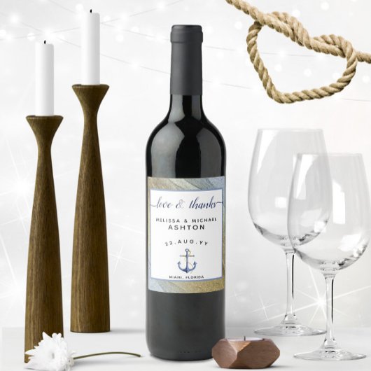 Nautische bruiloft anker blauw & goud wijn etiket