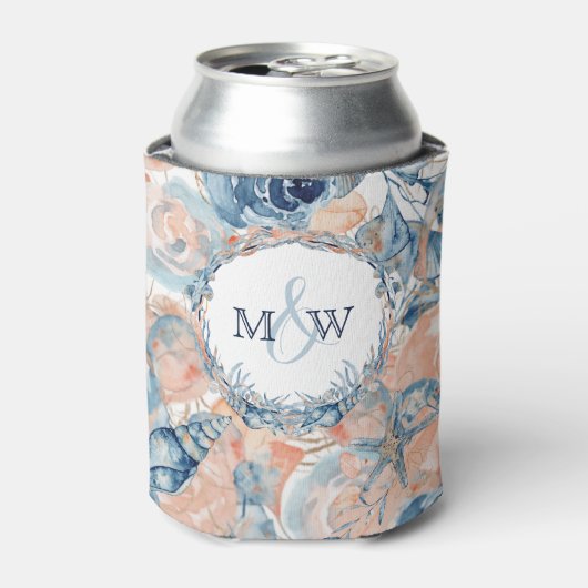 Nautische bruiloft Beach Seashell en Rozen Blikjeskoeler (Blikje Voorkant)