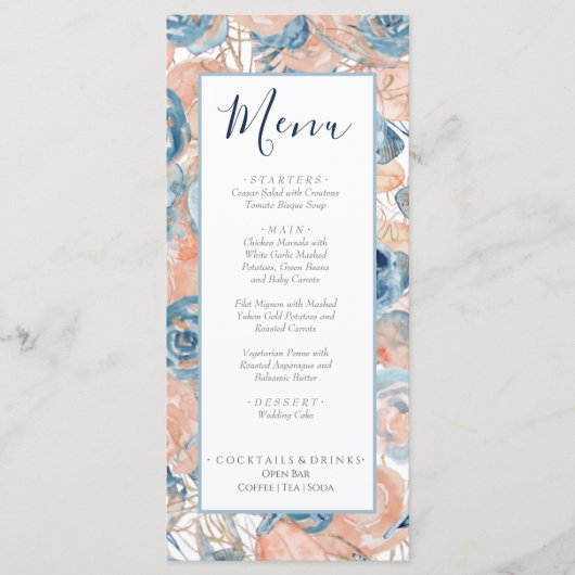 Nautische bruiloft Beach Seashell en Rozen Menu (Voorkant)