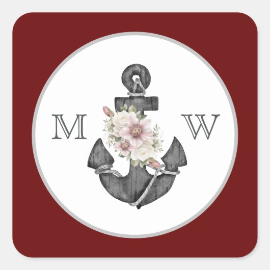 nautische bruiloft bloemanker maroon rood wit vierkante sticker (Voorkant)