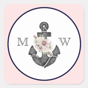 Nautische bruiloft bloemanker roze en marine vierkante sticker