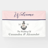 nautische bruiloft bloemanker roze marine welkom spandoek (Horizontaal)