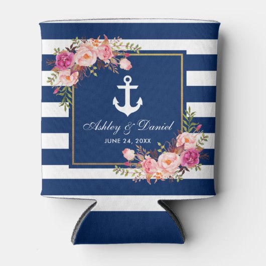 Nautische bruiloft marine blauw gestreepte gouden blikjeskoeler (Voorkant)