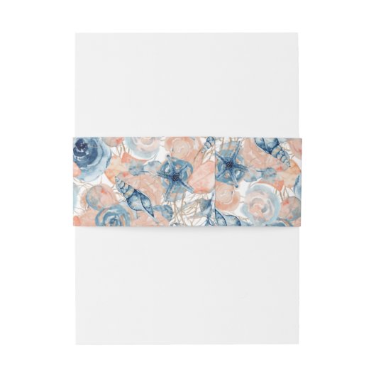 Nautische Bruiloft Strand Blauw Seashell en Rozen, Uitnodigingen Wikkel (Achterkant Voorbeeld)