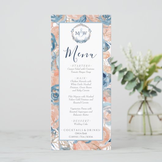 Nautische bruiloft Strand Seashell Bloemen Menu (Staand voorkant)
