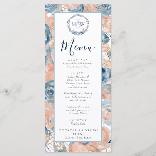 Nautische bruiloft Strand Seashell Bloemen Menu (Voorkant)