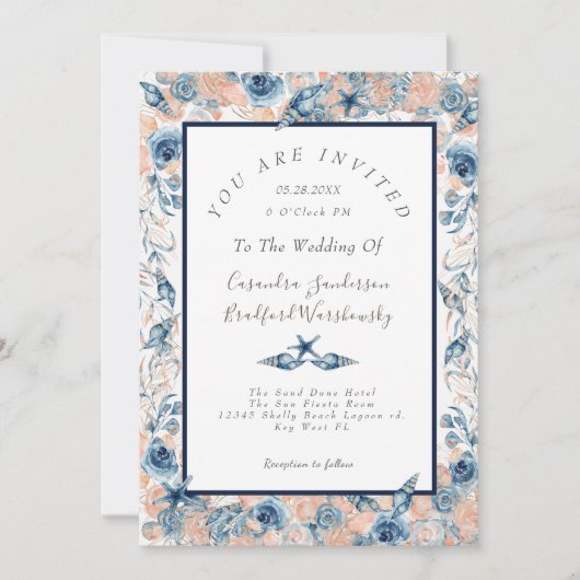 Nautische bruiloft Strand Seashell Bloemen Rozen Kaart (Voorkant)