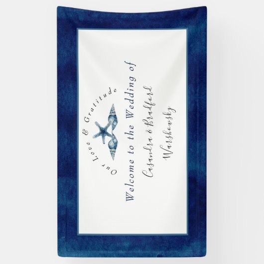 Nautische bruiloft Strand Seashell Marine Blauw Wi Spandoek (Verticaal)