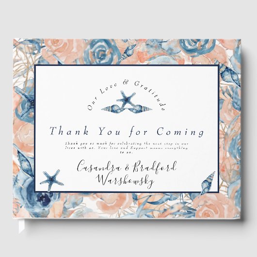 Nautische Bruiloft Strand Zee Shell Bloemen Rozen Gastenboek (Voorkant)