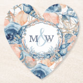 Nautische Bruiloft Strand Zee Shell en Rozen, Kartonnen Onderzetters (Voorkant)