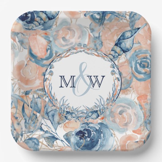 Nautische Bruiloft Strand Zee Shell en Rozen, Papieren Bordje (Voorkant)