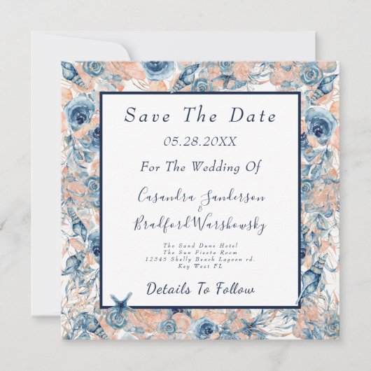 Nautische Bruiloft Strand Zee Shell Flowers Save The Date (Voorkant)