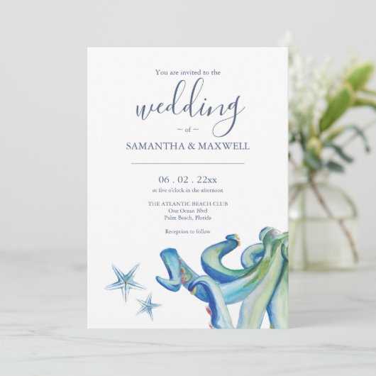 Nautische bruiloft uitnodiging Sjablonen Blauwe Oc (Staand voorkant)