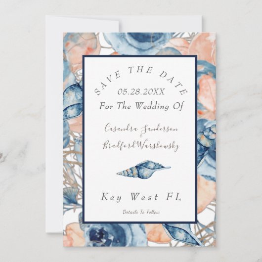 Nautische Bruiloft Waterverf Zeeschelpen Rozen Kaart (Voorkant)