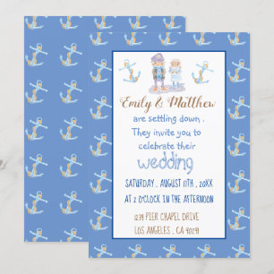 Nautische Cartoon Blauw Wit en Gouden Bruiloft Kaart