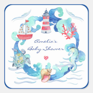 Nautische Geslachtsneutrale Waterverf Baby shower Vierkante Sticker