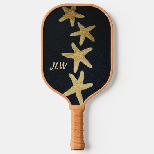 Nautische Gouden Zeester Monogram Zwart Pickleball Paddle (Voorkant)