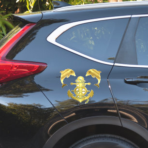 Nautische goudkleurige dolfijn/ bruinvis + bootsan sticker