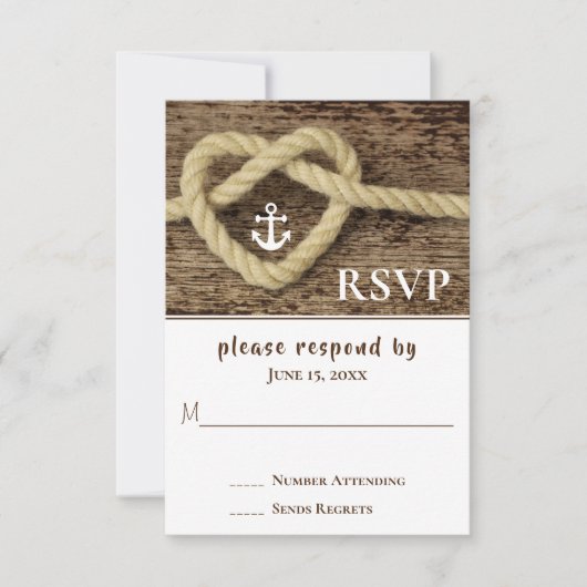 Nautische Hart Touw Knoop en Anker Wedding RSVP Kaartje (Voorkant)